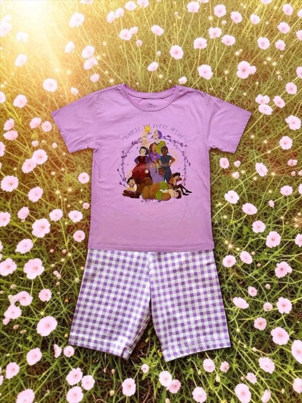 Disney Wish Tee + Lavender Gingham Shorts Outfit – Girls Small 6/6X & 6–7